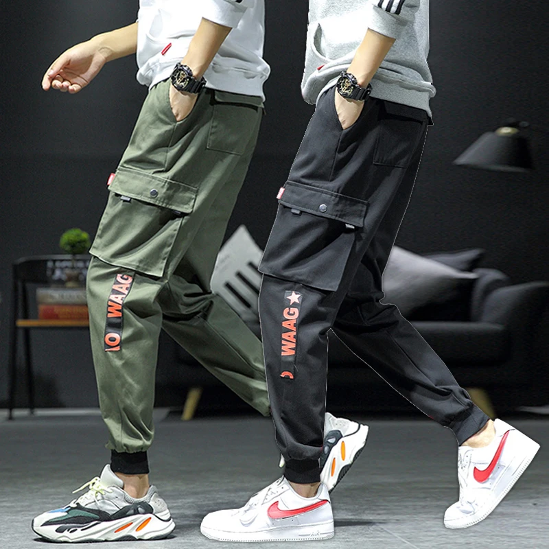Мужские черные комбинезоны с карманами и лентами, осенние и зимние хлопковые шаровары для бега Harajuku, спортивные штаны, длинные штаны в стиле хип-хоп