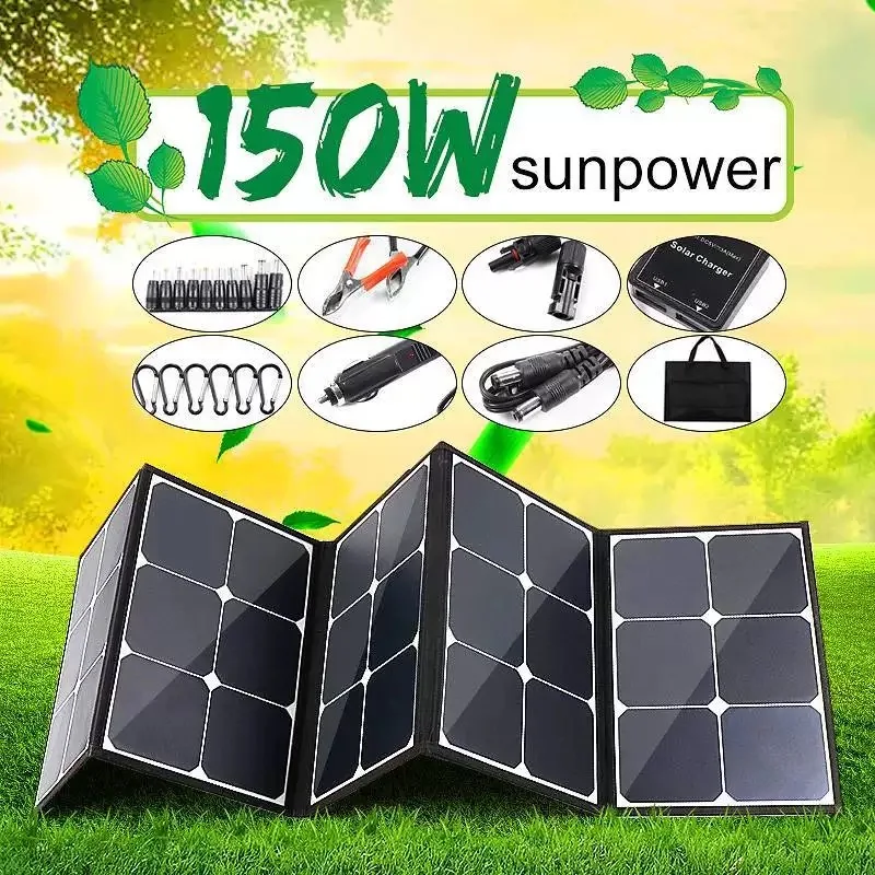 Photo Product 150W Foldable Solar Panel 18V/5V Portable Battery Charger Dual USB Outdoor Waterproof Power Bank for Phone PC Car RV Boat