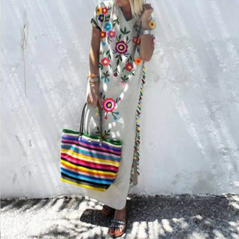 

Muslim Arabic Dress Kaftan Moroccan Maxi Cotton Soft Summer Autumn Lady Long Abaya Print Bohemian Short Sleeve Colorful Fringed