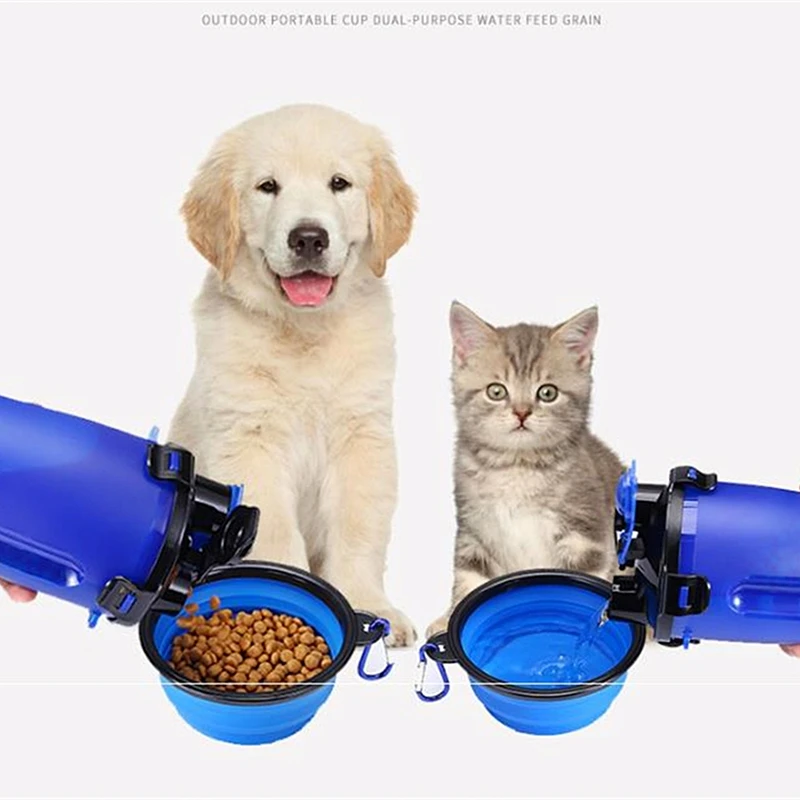 2 In 1 Pet Travel Water Bottle Foldable Dog feed Bowl Drink Cup Food Container Silicone Outdoor Portable Dog Cat Feeder