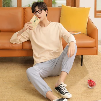 

XIZOU Autumn Winter Cotton Pijama for Men 2 Pieces Lounge Sleepwear Pyjamas Gray Bedgown Home Clothes Man PJs Cotton Pajamas Set