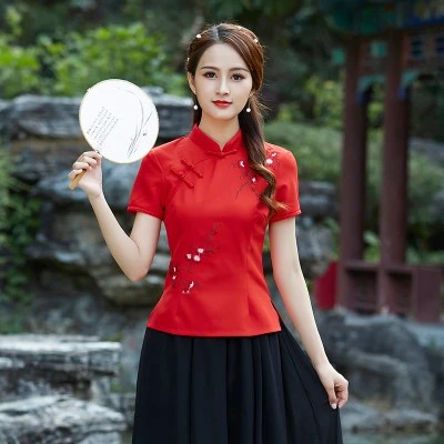 SHENG COCO, женская одежда, Восточный чонсам, топы, костюм, комплект из 2 предметов, традиционная китайская рубашка 4XL, плюс размер, Династия Цин - Цвет: red qipao tops
