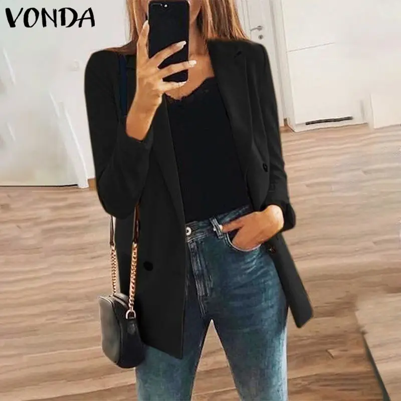 Модные куртки Для женщин пальто размера плюс VONDA Демисезонный женский с длинным рукавом; комбинезон с отворотами и черный пиджак элегантные рабочие Блейзер Feminina