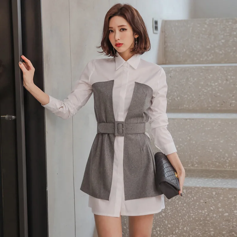 

Business WOMEN'S Dress 2019 Spring New Style Korean-style Elegant Waist Hugging Slimming Applique Mixed Colors Ol Fold-down Coll