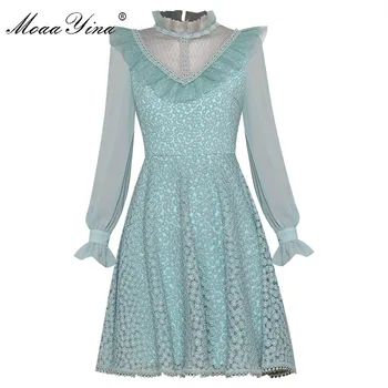 

MoaaYina Fashion Designer dress Spring Summer Women's Stand collar Long sleeve Ruffles Mesh Embroidery Dresses