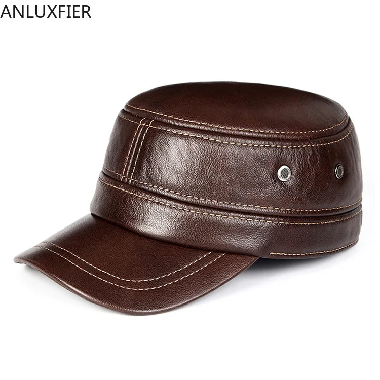 

Бейсболка H6953 мужская из натуральной кожи, теплая Кепка из воловьей кожи, с плоским верхом, с защитой ушей, модная уличная
