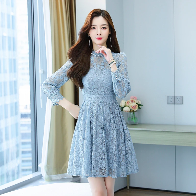 

Женское кружевное мини-платье, облегающее мини-платье с длинным рукавом, воротником-стойкой, украшенное бусинами и цветами, весна-осень