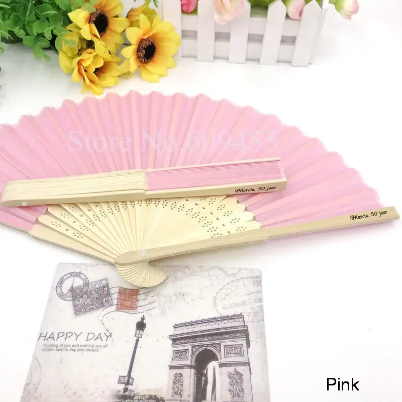 pink 250 шт./лот, персонализированные свадебные сувениры, печать логотипа, ручная работа, бамбуковый вентилятор, складной подарок, веер, вечерние украшения - Цвет: pink