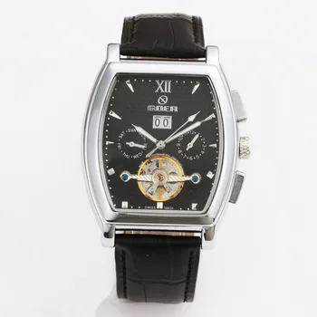 

GOER Luxury Tourbillon Watches Men Leather Strap Automatic Mechanical Watches Men Fashion Tonneau Watches Relogio Masculino