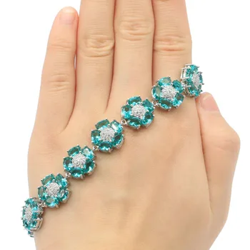 

14x14mm Elegant Flowers Created Rich Blue Aquamarine CZ Engagement Silver Bracelet 8.0-8.5in