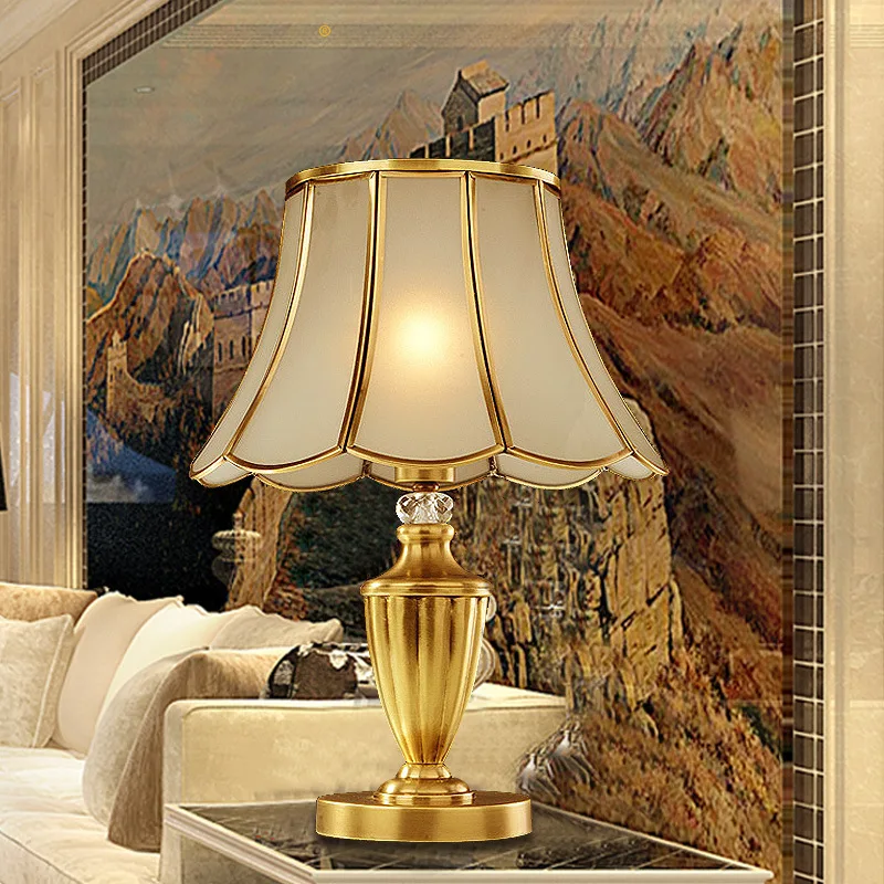 

Complete Copper Lamp Bedroom Bedside Lamp European Style Retro American Simple Lamp Glass Lampshade Decoration Soldering Light