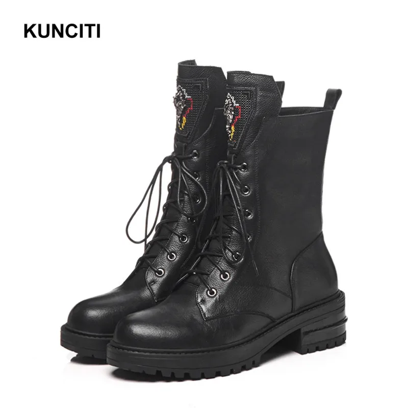Black Plush In KUNCITI/ ковбойские ботинки для женщин; женские зимние ботинки до середины икры на высоком каблуке женские ботинки-гладиаторы на шнуровке натуральная кожа; D9195 - Цвет: Black Plush In