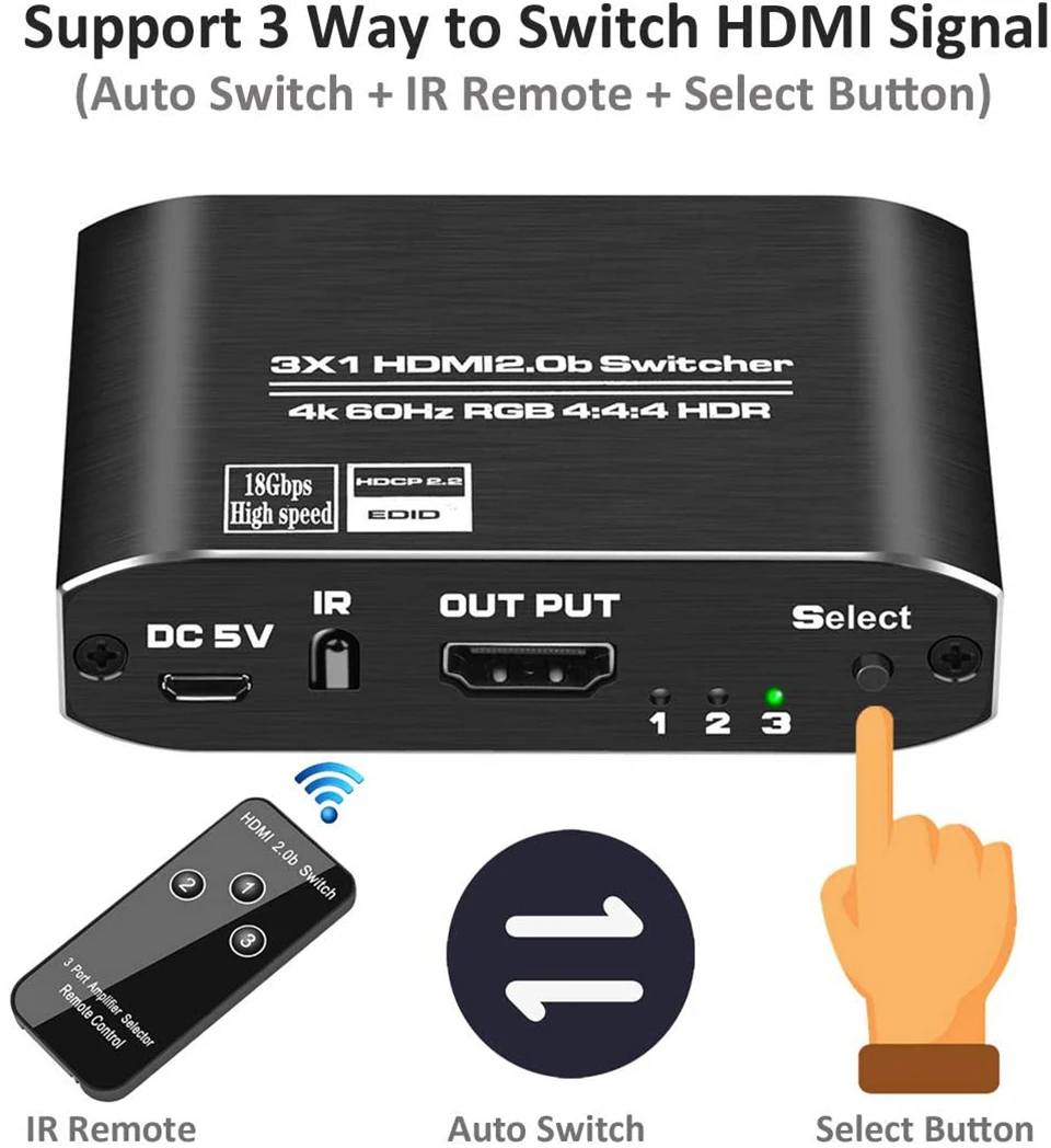 2026 Best 4K 60Hz Mini 3 Port HDMI Switch 2.0 4K Switcher HDMI Splitter 1080P HD