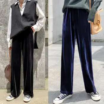 

Women Casual Solid Color High Waist Pleuche Straight Pants Wide Leg Trousers
