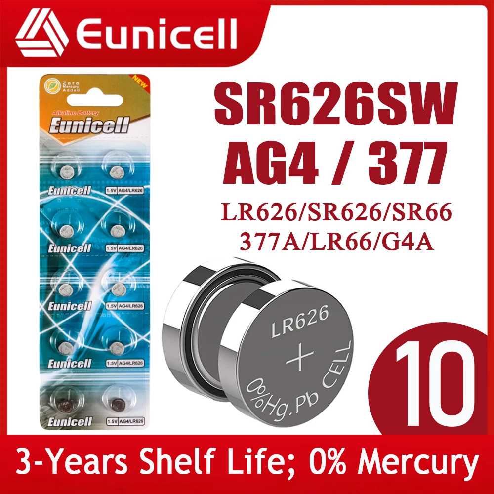 Eunicell 10pcs SR626SW LR626 AG4 Button Pilas Batteries SR66 LR66 377