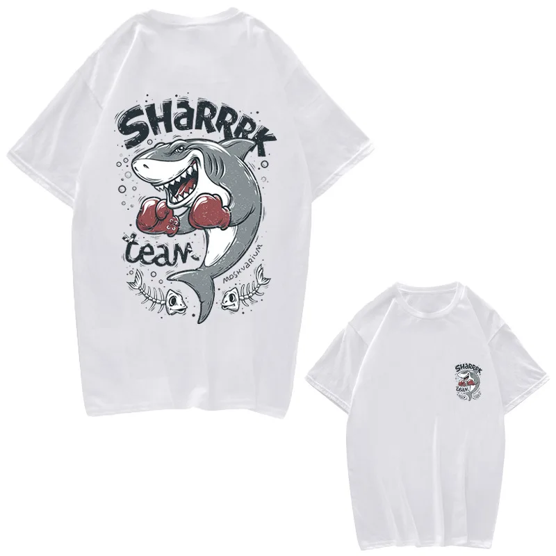 

Men's and Women's Cotton Casual Round Neck Shark Print T-shirt Elastic Running Fitness Sports T-shirt Couple Clothing Gym Shirt