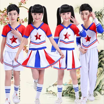 

Teenager Girls School Uniform Dresses Stage Wear Show Performance Cheerleading Cheerleader Costumes for Kids Boys Clothing Set