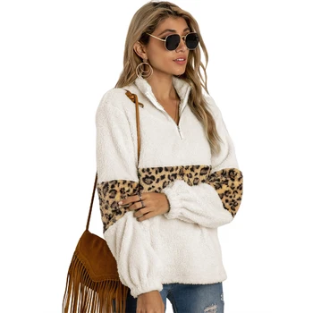 

Women Autumn Loose Sweater, Leopard Print Long Sleeve Stand Collar Zipper Pullover