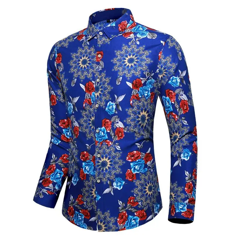 

Long sleeve Flower Shirt for Men Social Men's Casual Floral Shirt Hawaiian Style Blouse Male Black Blue New