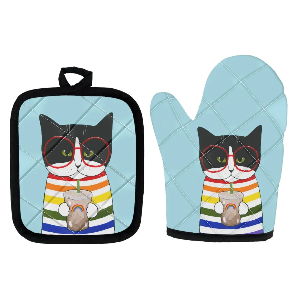 Set gant de cuisine et manique en coton imprimé Funny Cats