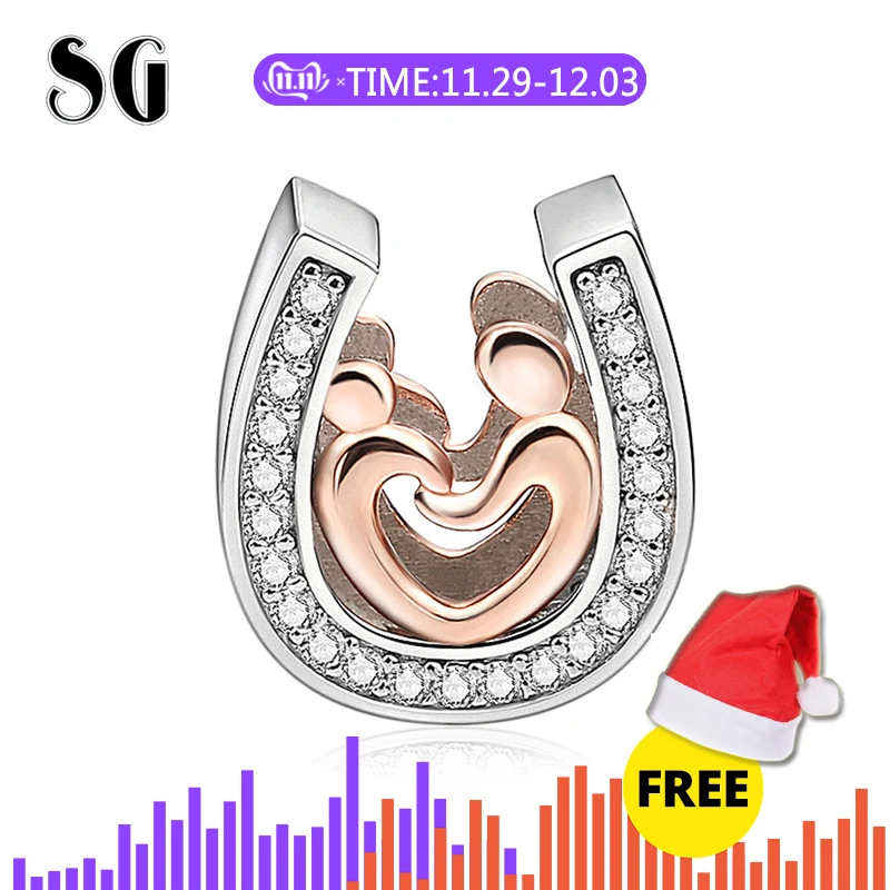 

SG 925 silver DIY horseshoe charms mom and kid hand in hand beads with CZ fit original pandora bracelet fashion jewelry gifts