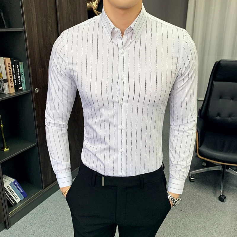 New Men's Luxury Shirts Long Sleeve Slim Fit Striped Dress Shirt Men White Wedding Shirt Camisa Masculina
