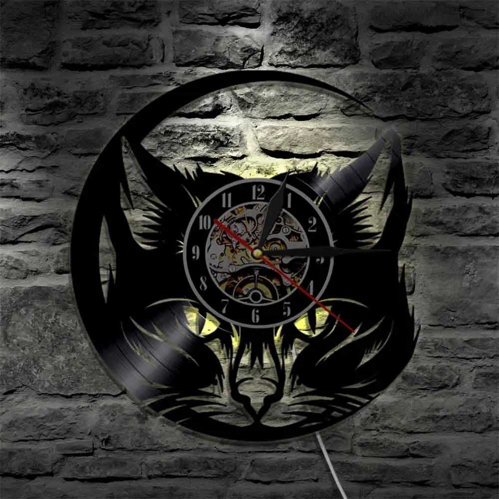 Настенные часы с изображением головы кошки Meow, Черный кот, Виниловая пластинка, часы, настенные художественные, кошачий магазин, Декор, винтажные животные, кот, любовник, часы для оформления дома