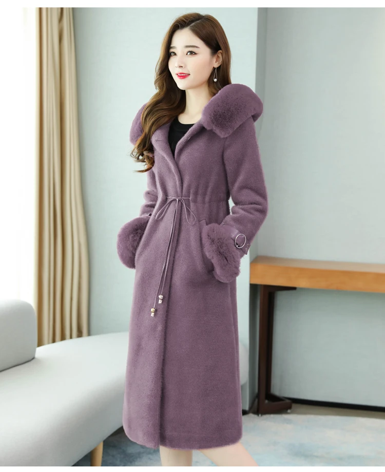 Офисная Женская зимняя верхняя одежда длинное пальто из искусственного меха женское Макси меховое пальто воротник с капюшоном на шнурке Талия пушистая куртка