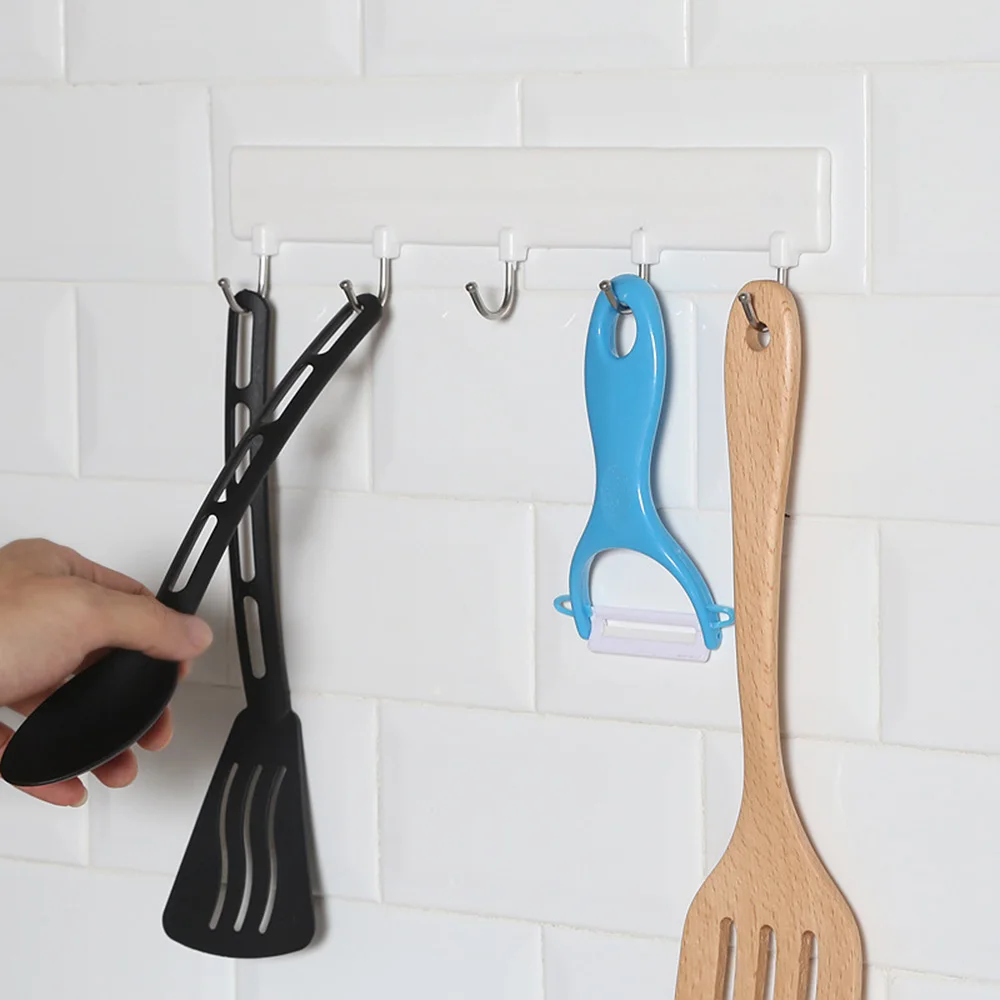 

Metal Cabinet Hanging Rack 5 hooks Adhensive Wall Mounted Hook Multifunctional Kitchen Cabinet Adhensive Hook Strong Sticky hook