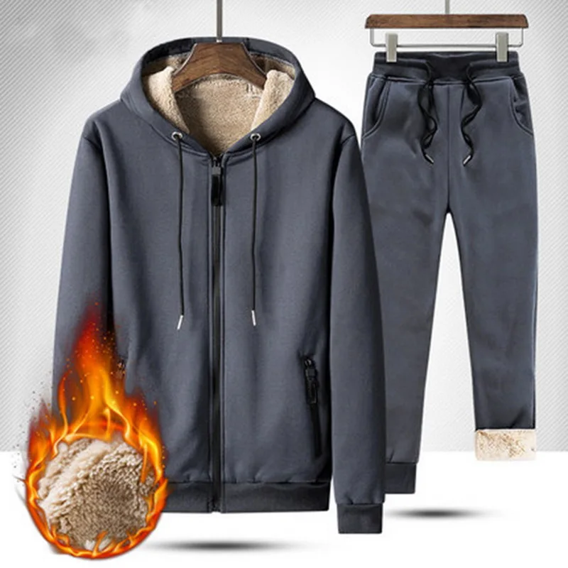 Спортивный костюм для мужчин 2019 Зимние флисовые теплые толстовки куртка брюки комплект утолщенные джоггеры толстовки с капюшоном 2 шт