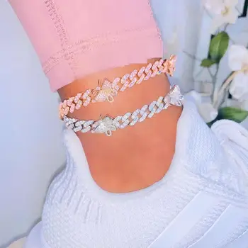 

9" 10" gold silver color pink 3 colors 5A cubic zirconia 10mm cuban chain butterfly leg chain foot jewelry women anklet summer