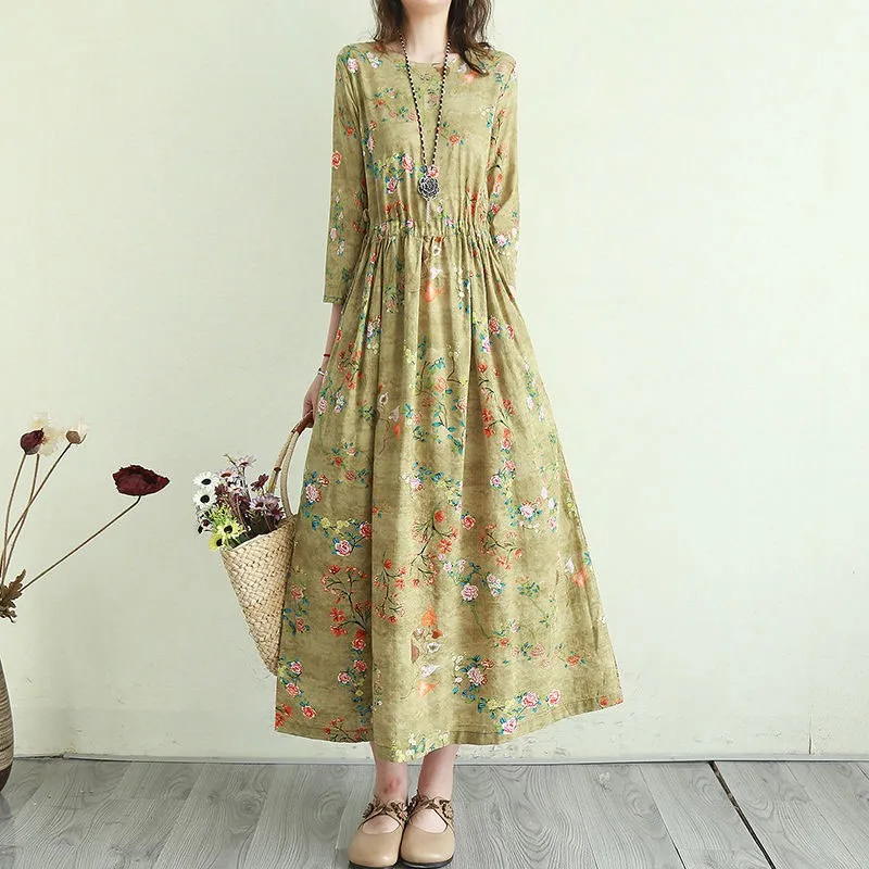 Vestido informal de lino y algodón para mujer, vestido largo elegante de estilo Vintage con estampado Floral para verano, T001, 2021