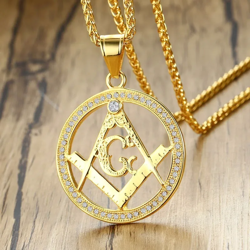 

Dropshiping CZ Freemason Masonic Bail Pendant Necklace in Stainless Steel Round Hip Hop Men Jewelry with 24 Inch
