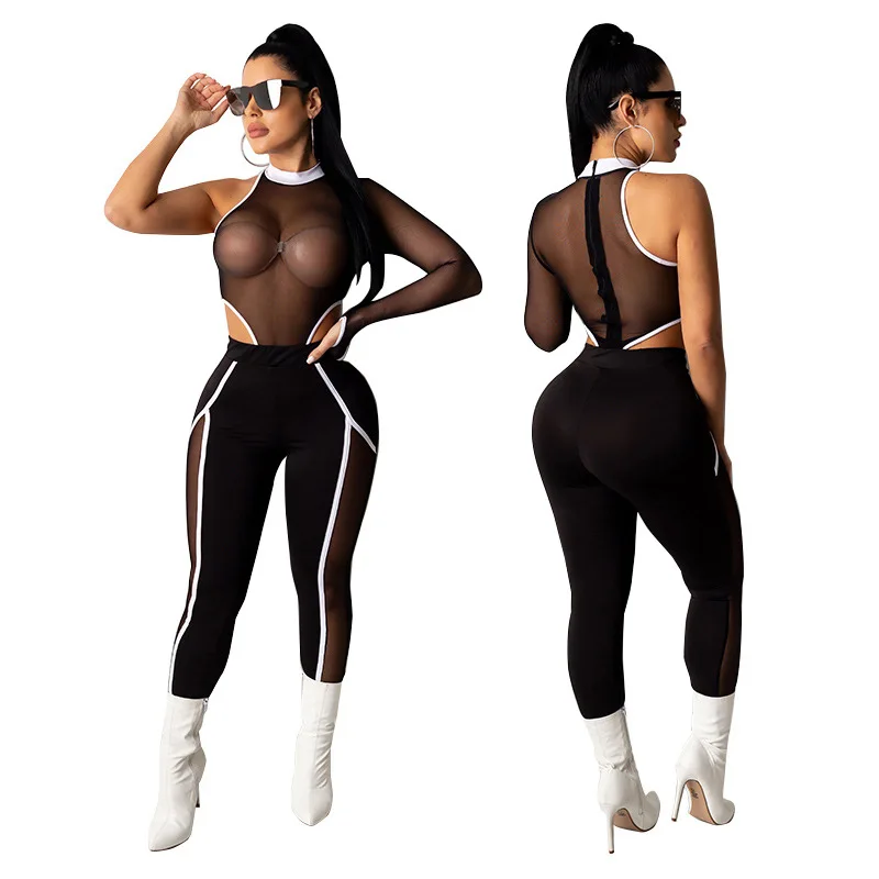 

Elastic Mesh Perspective 2 Pieces Set Women O Neck Single Sleeve Long Pants Sexy Nightclub Outfit Woman Summer Clothing Overall