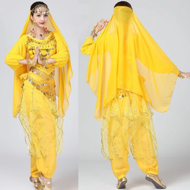  Disfraz de Bollywood para danza del vientre, traje de baile  indio noble de Sari con velo de cabeza para mujer, Dorado-fucsia : Ropa,  Zapatos y Joyería