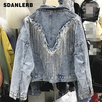 

2020 Spring Autumn New Fringed Sequined Denim Jacket Women's Loose-Fit Short Jean Jacket Womens Top Ropa Mujer Chaqueta