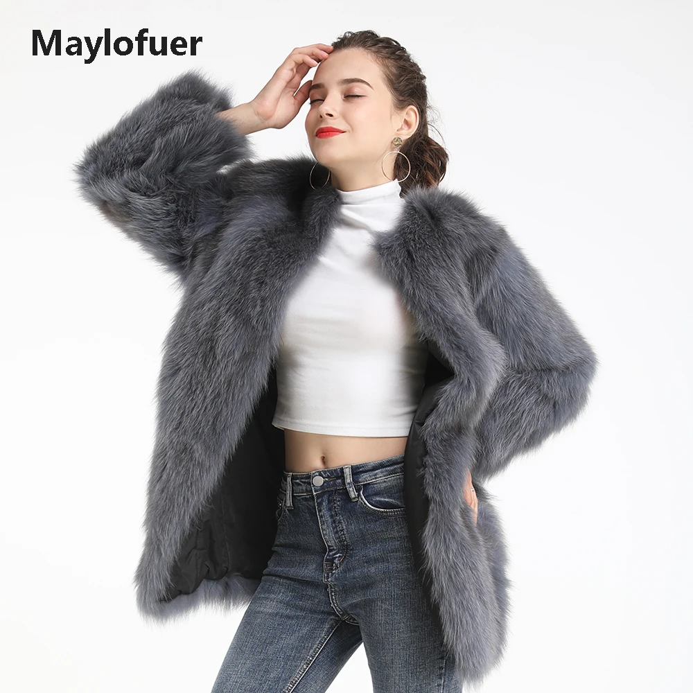 Maylofuer шуба из натурального Лисьего меха, с круглым вырезом, Для женщин Длинная Куртка C мехом с О-образным вырезом натуральный Лис на голубом фоне; Меховая куртка пальто классический Стиль