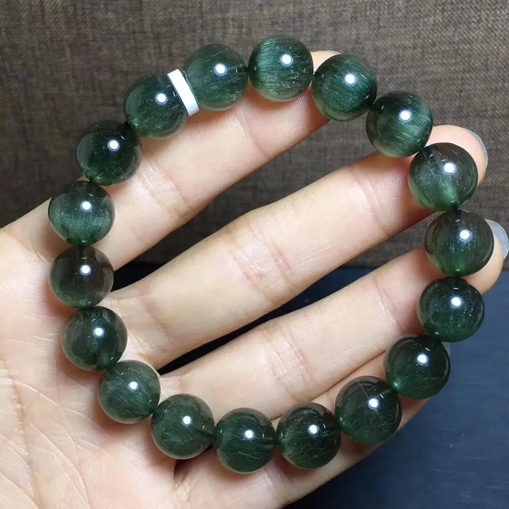 

Natural Green Rutilated Quartz Cat Eye Gemstone From Brazil Bracelet 11.6mm Women Men Stretch Crystal Round Bead Bracelet AAAAA