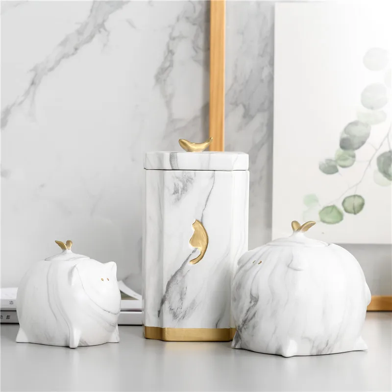 Imitation Marble Sealed Ceramic Storage Jar for Spices Tea Coffee Can Tank Food Container Bottle with Lid for Kitchen Organizer