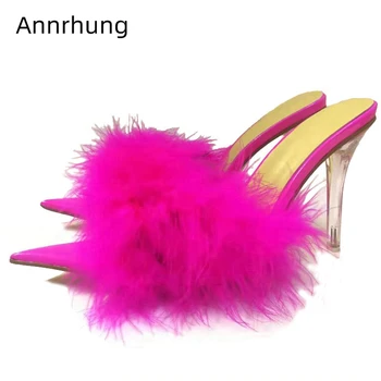 

Sexy Feather Fur Candy Color Runway Shoes Woman Clear Crystal Thin High Heel Pointed Toe Summer Slippers Women