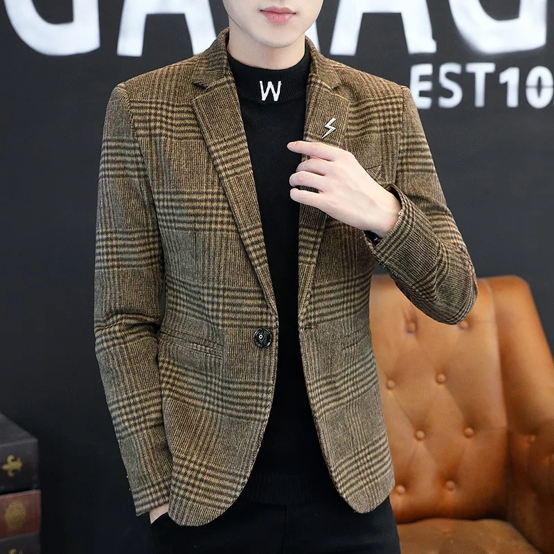 HOO 2021 Men's Autumn and Winter Casual Plaid Suit Fleece-Lined Slim Woolen blazer | Мужская одежда