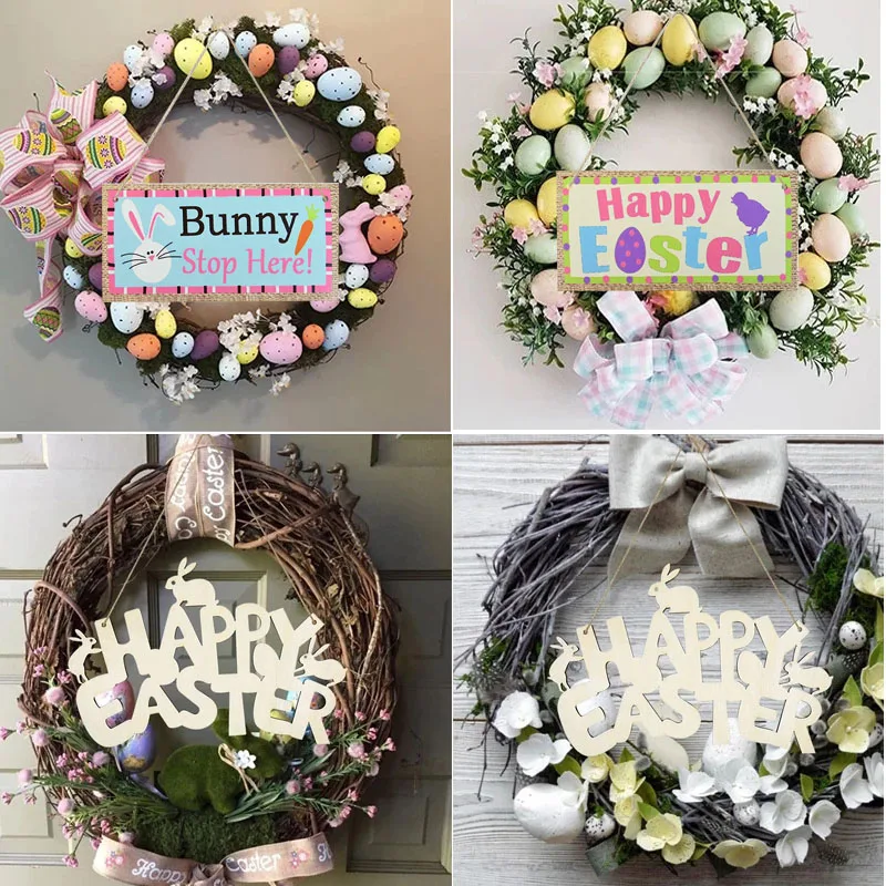 1Pc Happy Easter Decor Wooden Door Hanging Sign Cute Egg Rabbit Pendant Wood Crafts For Home DIY Wreath Supplies | Дом и сад