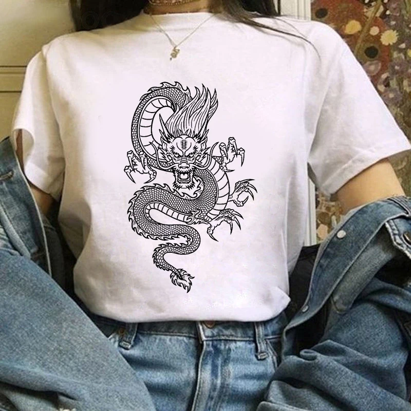 

2020 Summer Women T-shirt Dragon pattern Printed Tshirts Casual Tops Tee Harajuku 90s Vintage White tshirt Female Clothing