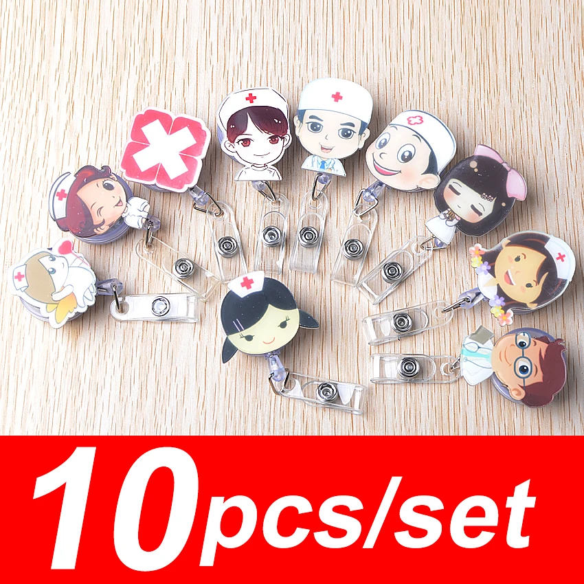 10pc/set Cute Badge Reel Id Holder Retractable Badge Holder Cartoon Student Nurse Lanyards Id