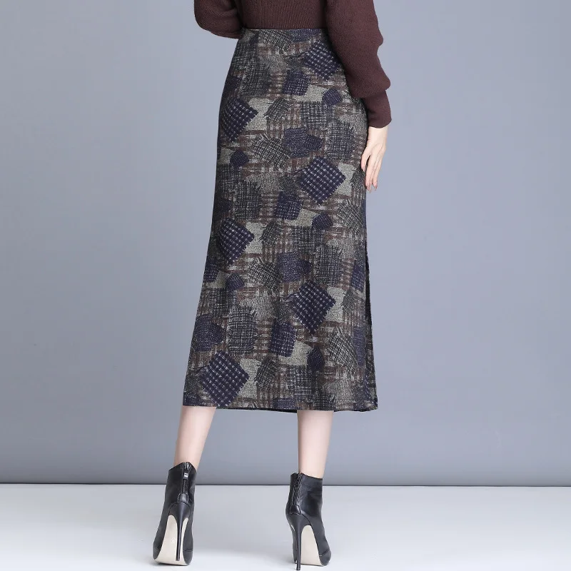 

Ozhouzhan Lady Bag Skirt Autumn Printed Skirt High-waisted Elasticity Slit Skirt Mid-length One-step Skirt