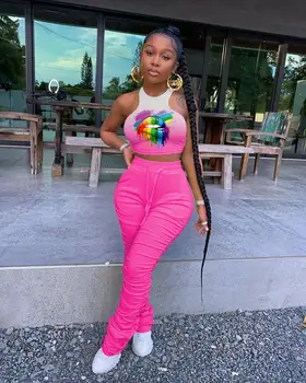 

Wjustforu Women Two Piece Set Crop Top Vest And Stacked Pants Sweatsuit 2 Piece Suit Tie-Dye Lips Print Tracksuit Female