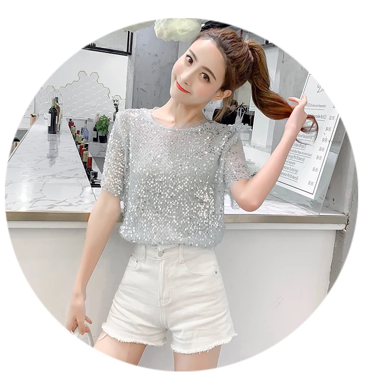Женские рубашки летние новые корейские с круглым вырезом Модные с блестками тонкие пальто с коротким рукавом футболки женские