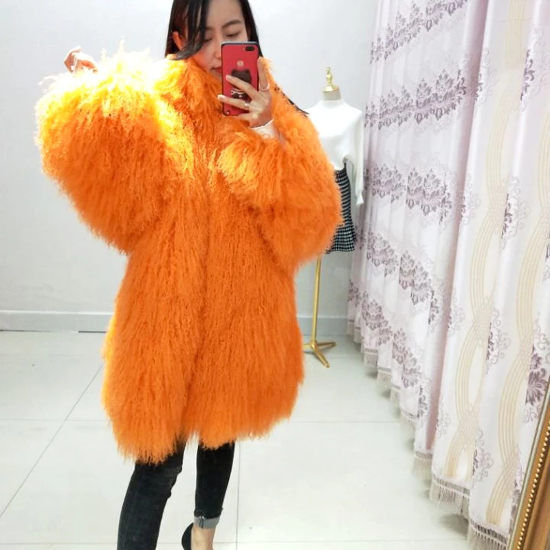 2020Women real mongolian sheep fur coat with