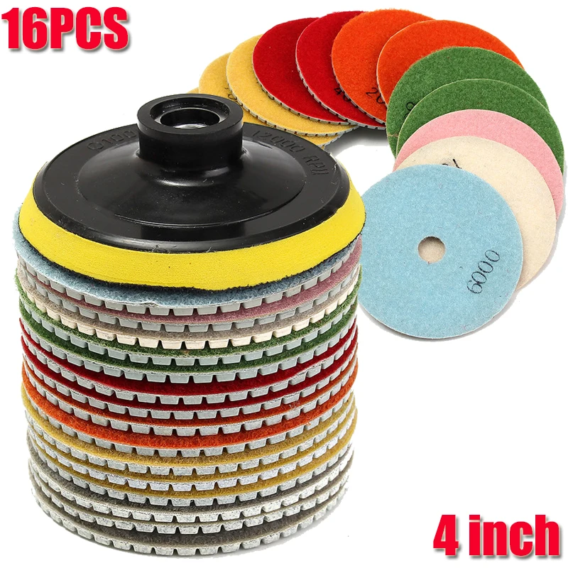 16Pcs Diamond Polishing Pads Kit 4 Inch M14 For Granite Stone Concrete Marble