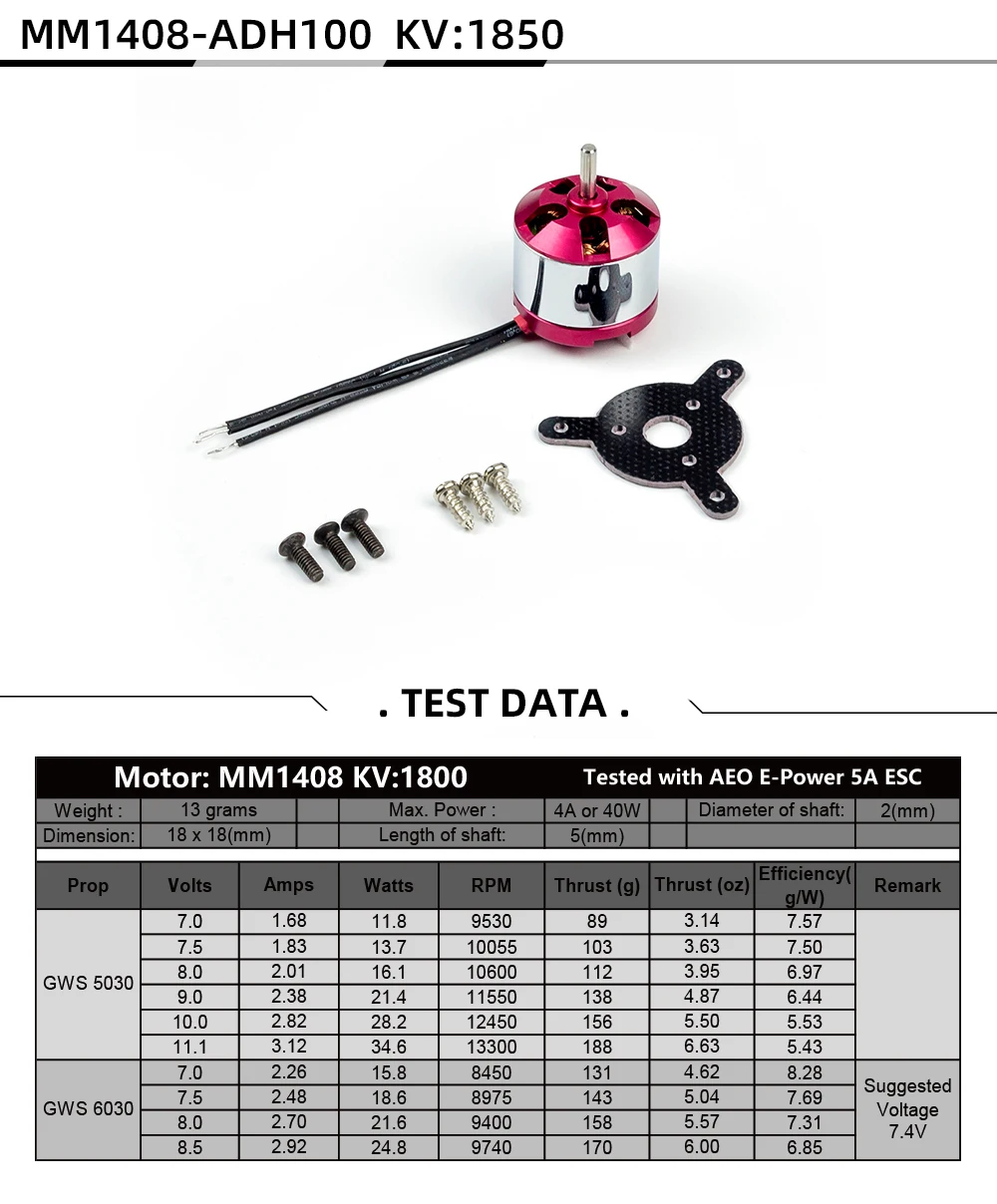 2.0mm eixo motor sem escova para avião